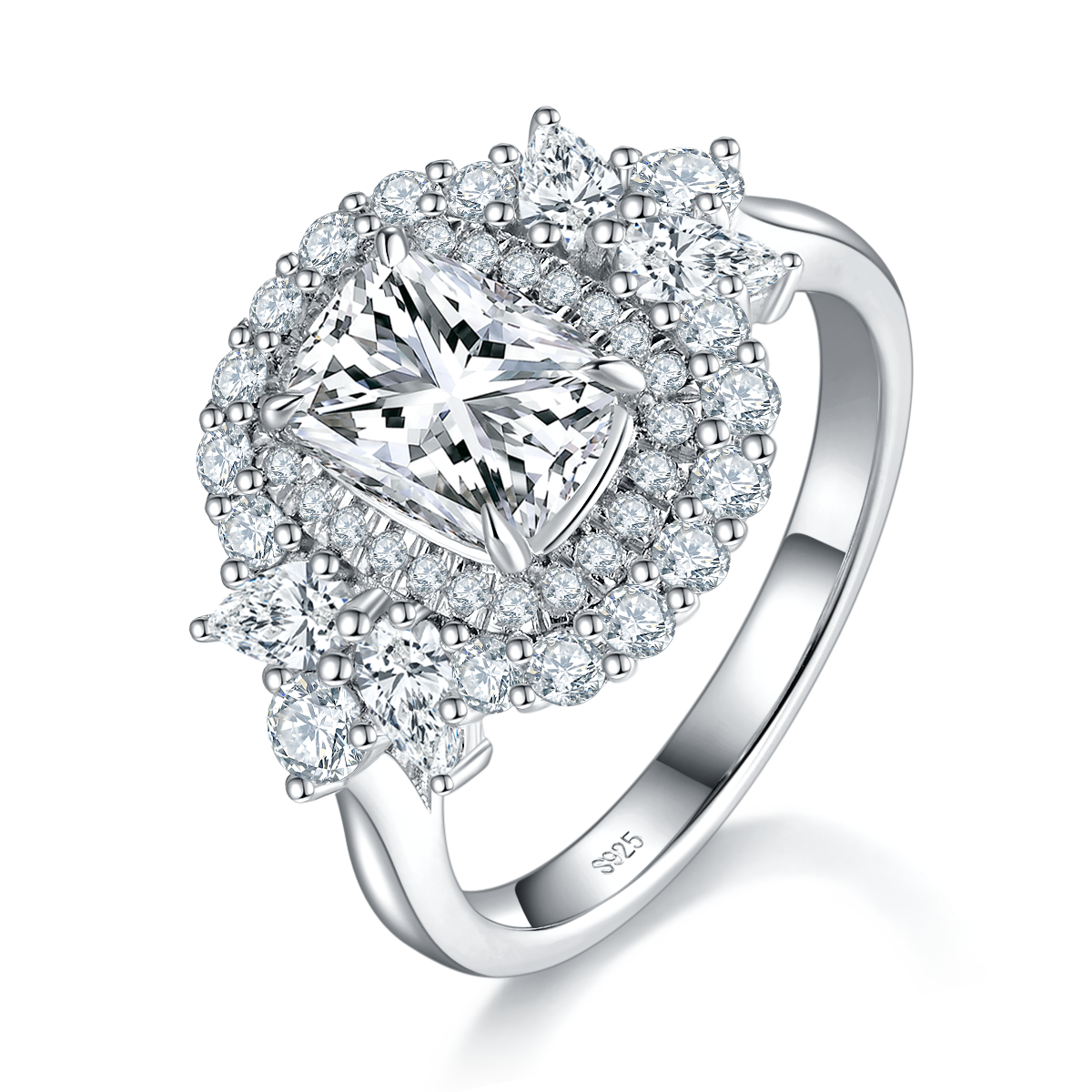 Luxury Fat Square Diamond Women's Ring S925 Silver Plated Platinum Customized Selection Main Stone Moissanite 2.0ct/Side Stone Cubic Zirconia