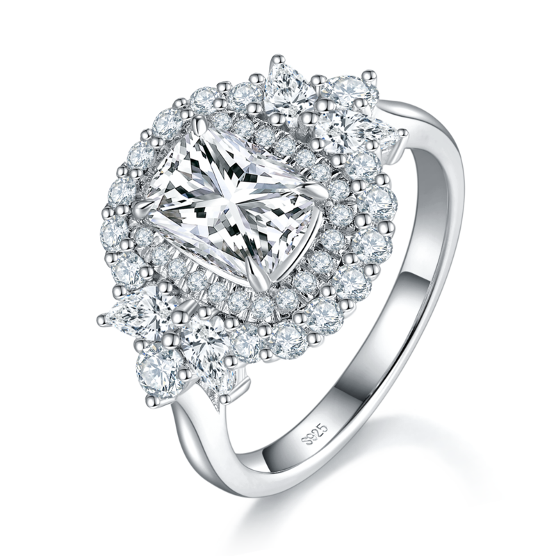 豪华款肥方钻Women's RingS925银镀白金定制选款主石Moissanite2.0ct/副石高碳钻