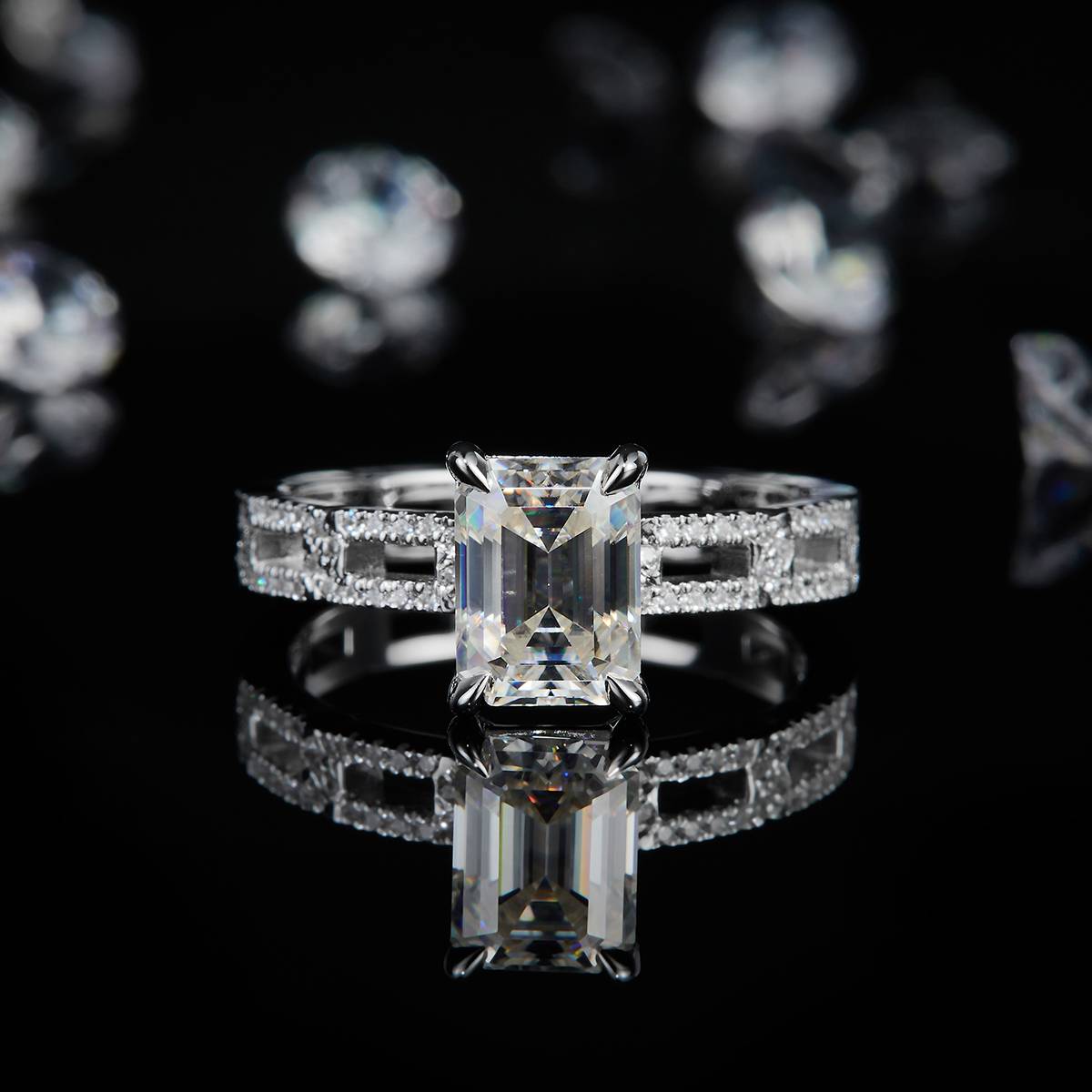 Light Luxury Square Diamond Women's Ring S925 Silver Plated Platinum Customized Selection Main Stone Moissanite 2.0ct/Side Stone Cubic Zirconia