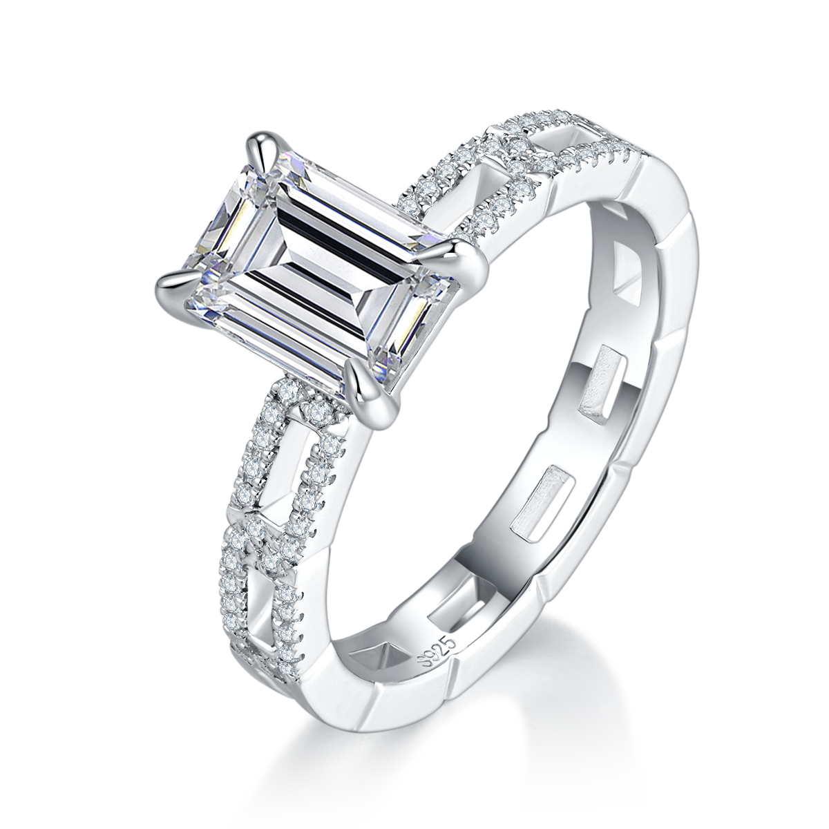 Light Luxury Square Diamond Women's Ring S925 Silver Plated Platinum Customized Selection Main Stone Moissanite 2.0ct/Side Stone Cubic Zirconia