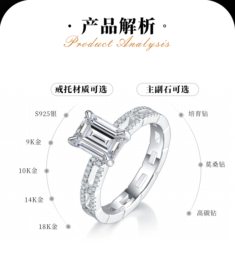 轻奢方钻女戒S925银镀白金定制选款主石莫桑钻2.0ct/副石高碳钻 - 2
