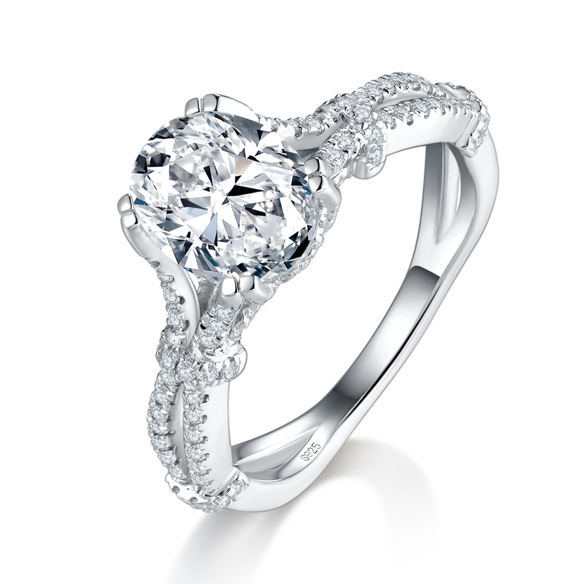 蛋形钻女戒S925银镀白金定制选款主石莫桑钻2.0ct/副石高碳钻
