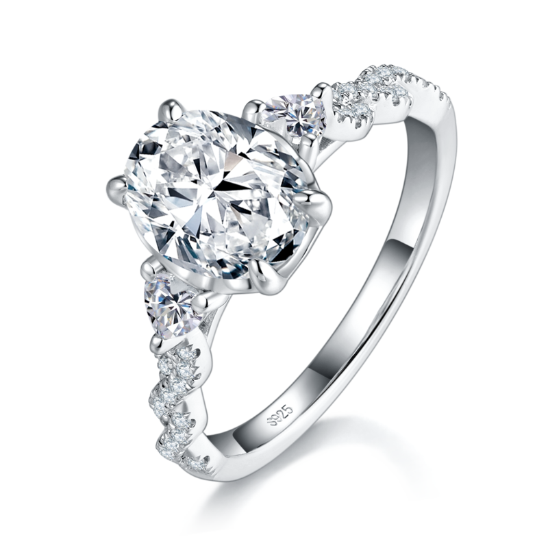 扭臂蛋形钻Women's RingS925银镀白金定制选款主石Moissanite2.0ct/副石高碳钻