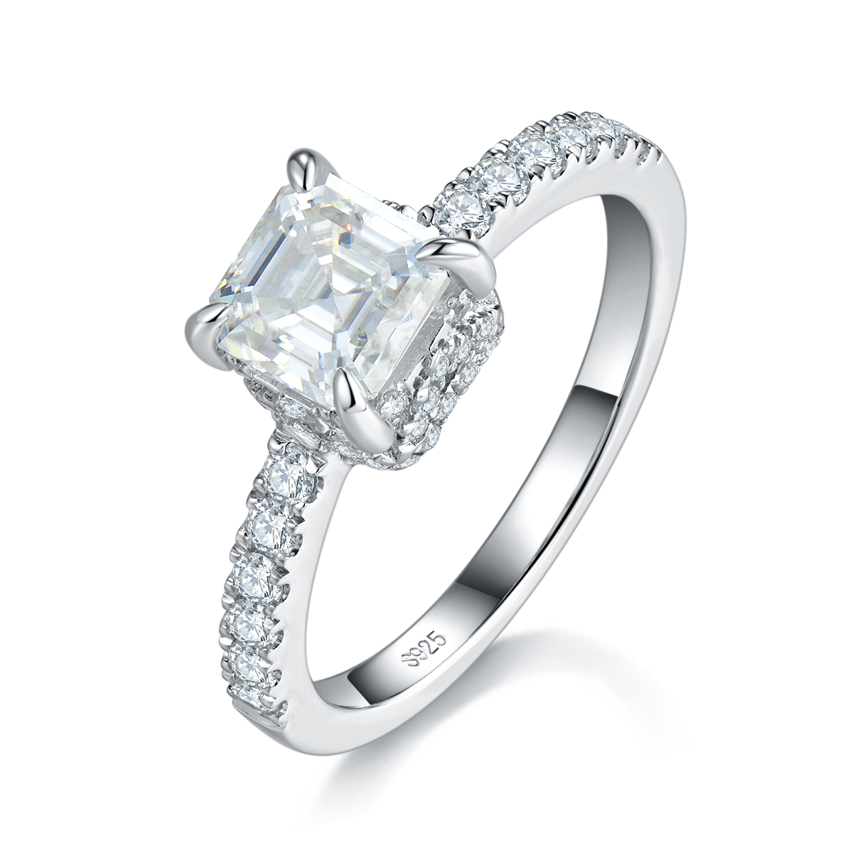 Micro inlaid square diamond women's ring S925 silver plated platinum custom selection main stone Moissanite 1.0ct/Side Stone Cubic Zirconia