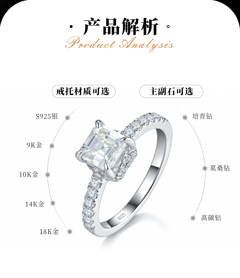 微镶方钻女戒S925银镀白金定制选款主石莫桑钻1.0ct/副石高碳钻 - 2