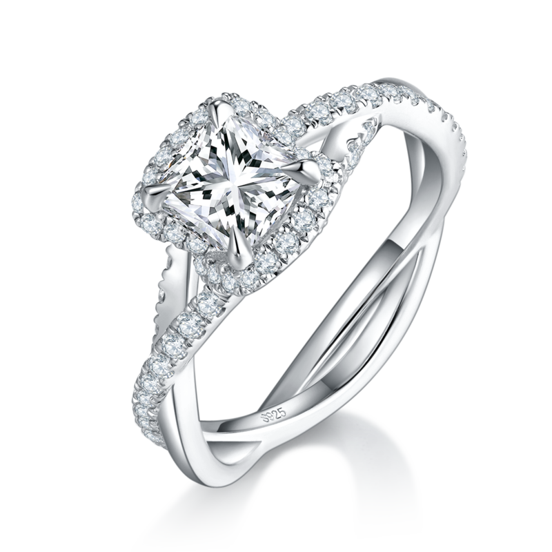 双扭臂枕形钻Women's RingS925银镀白金定制选款主石Moissanite1.0ct/副石高碳钻