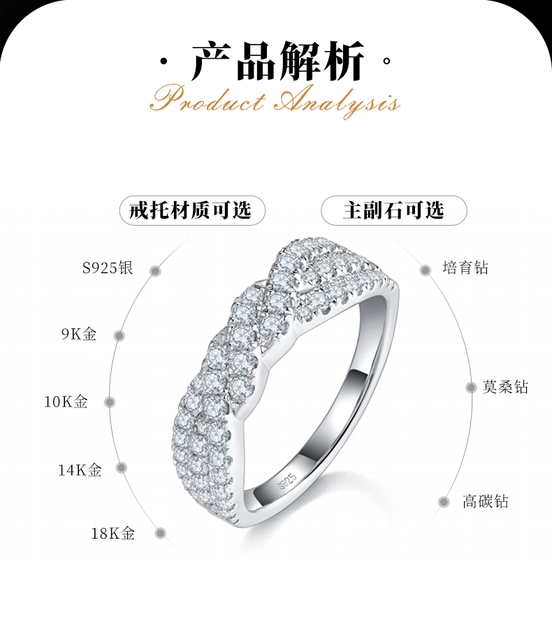 轻奢排戒S925银镀白金女戒定制选款副石莫桑钻0.76ct - 2