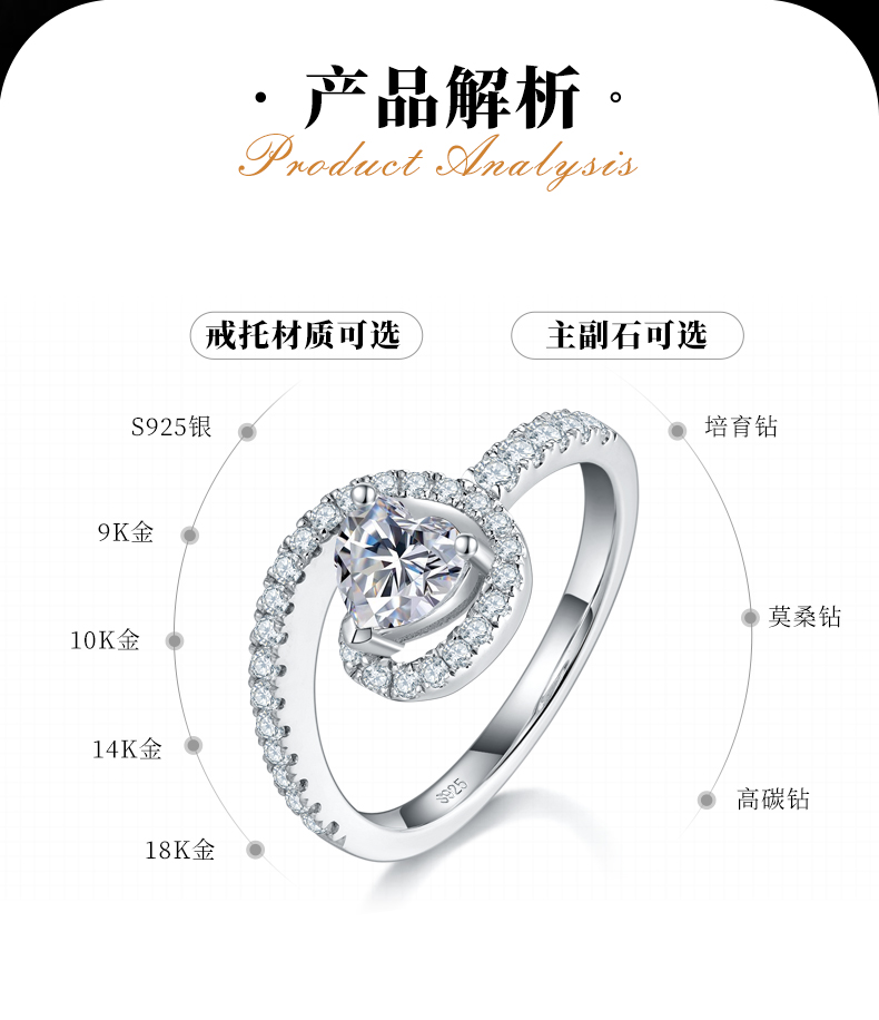 扭臂心形钻女戒S925银镀白金定制选款主石莫桑钻0.6ct/副石高碳钻 - 2