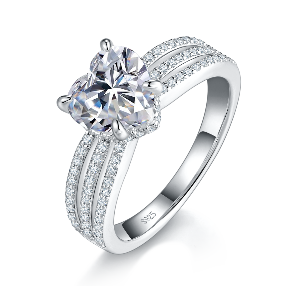 轻奢心形钻女戒S925银镀白金定制选款主石莫桑钻2.0ct/副石高碳钻