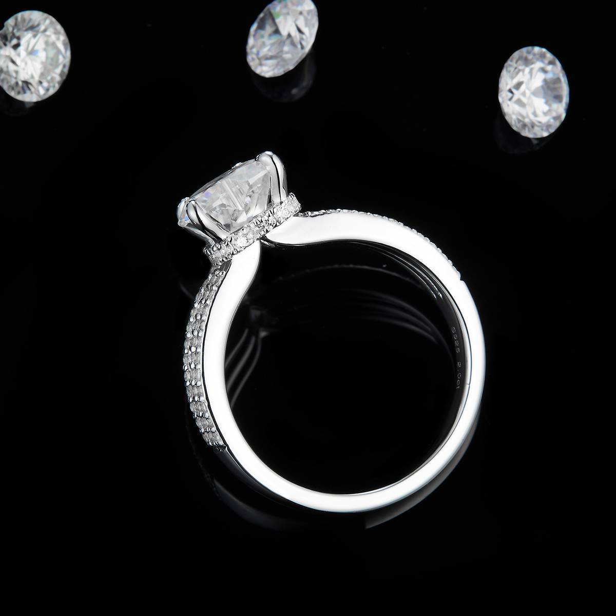 轻奢心形钻女戒S925银镀白金定制选款主石莫桑钻2.0ct/副石高碳钻