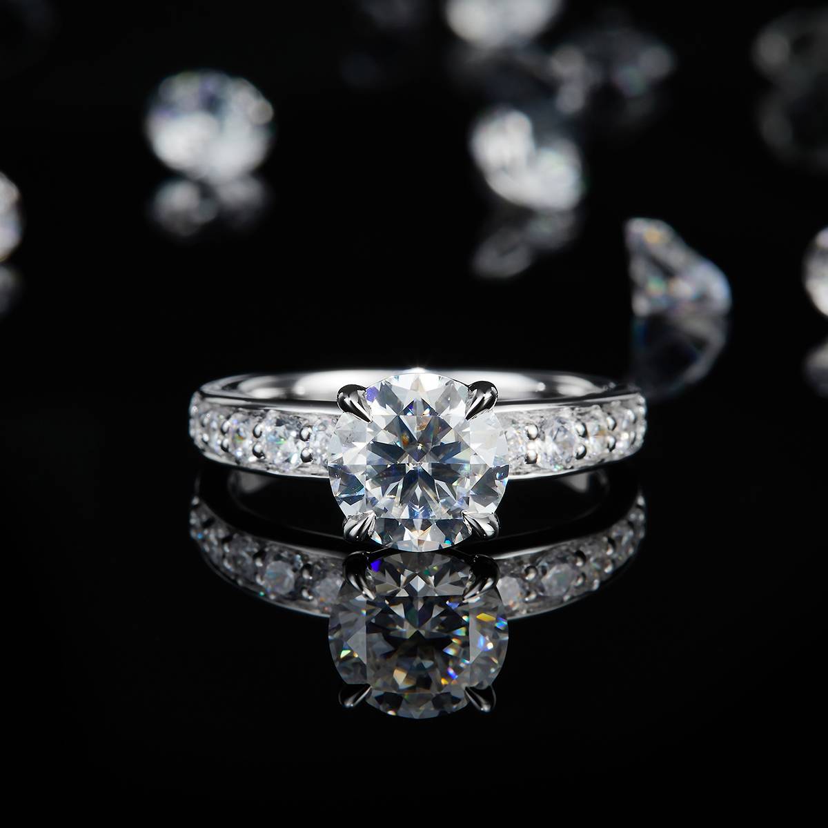 Four Claw Women's Ring S925 Silver Plated Platinum Customized Selection Main Stone Moissanite 2.0ct/Side Stone Cubic Zirconia