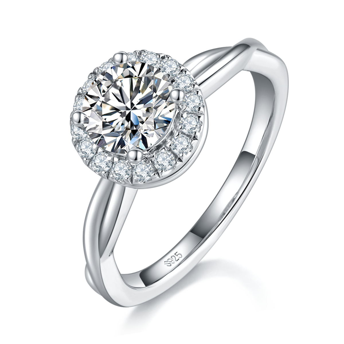 双扭臂圆包女戒S925银镀白金定制选款主石莫桑钻1.0ct/副石高碳钻