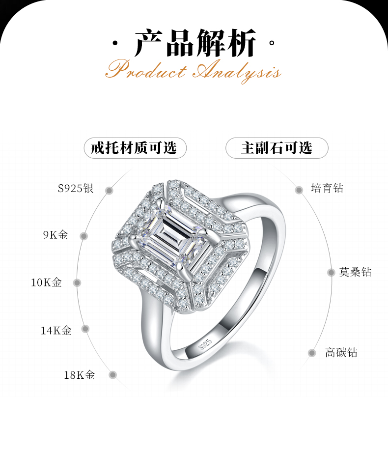 方钻女戒S925银镀白金定制选款主石莫桑钻1.0ct/副石高碳钻 - 2