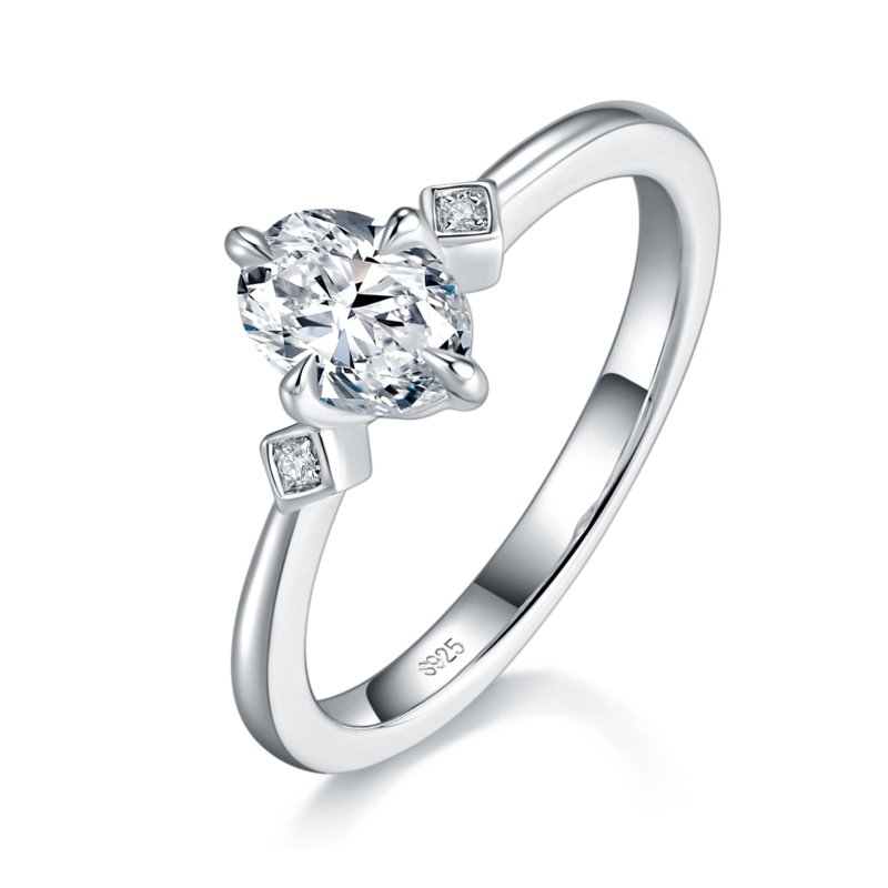 蛋形钻Women's RingS925银镀白金定制选款主石Moissanite1.0ct/副石高碳钻