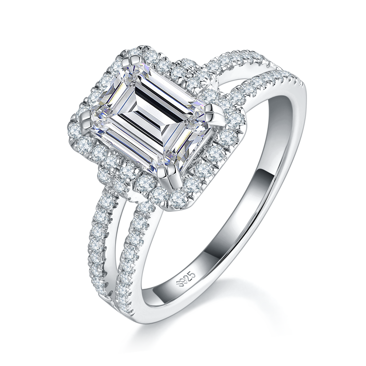 双臂方钻女戒S925银镀白金定制选款主石莫桑钻2.0ct/副石高碳钻