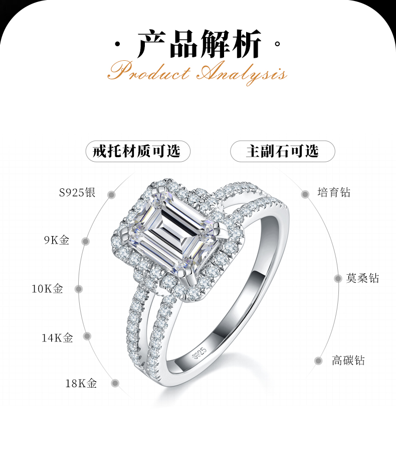 双臂方钻女戒S925银镀白金定制选款主石莫桑钻2.0ct/副石高碳钻 - 2