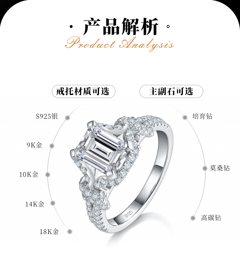 方钻女戒S925银镀白金定制选款主石莫桑钻2.0ct/副石高碳钻 - 2
