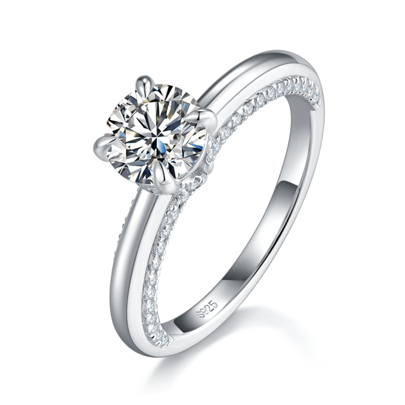 四爪Women's RingS925银镀白金定制选款主石Moissanite1.0ct/副石高碳钻