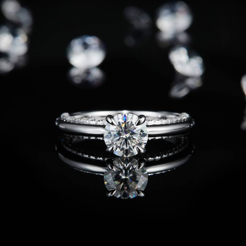 四爪Women's RingS925银镀白金定制选款主石Moissanite1.0ct/副石高碳钻