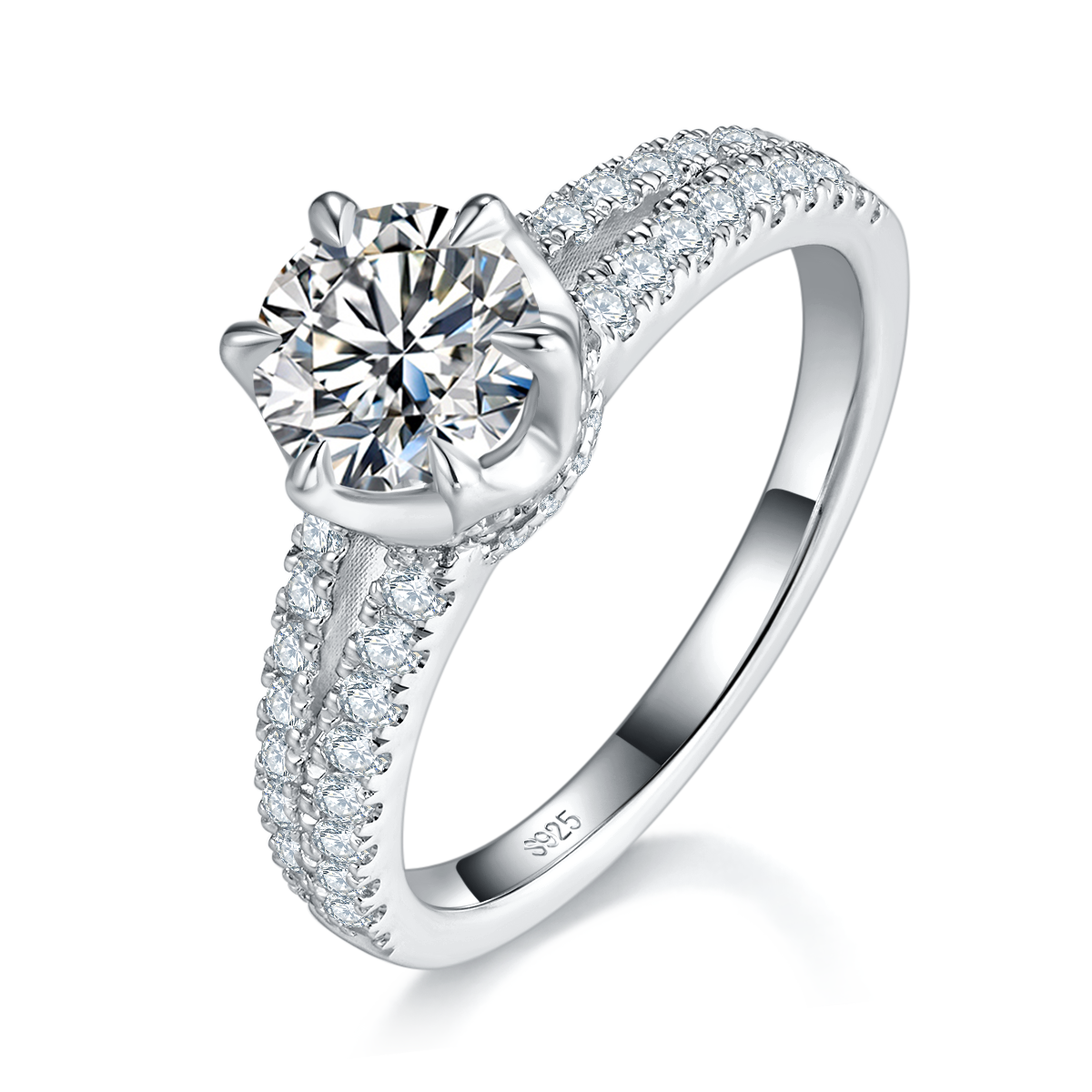 Light Luxury Six Claw Women's Ring S925 Silver Plated Platinum Customized Selection Main Stone Moissanite 1.0ct/Side Stone Cubic Zirconia