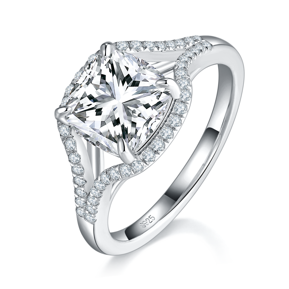 Y-shaped Cushion Diamond Women's Ring S925 Silver Plated Platinum Customized Selection Main Stone Moissanite 2.5ct/Side Stone Cubic Zirconia