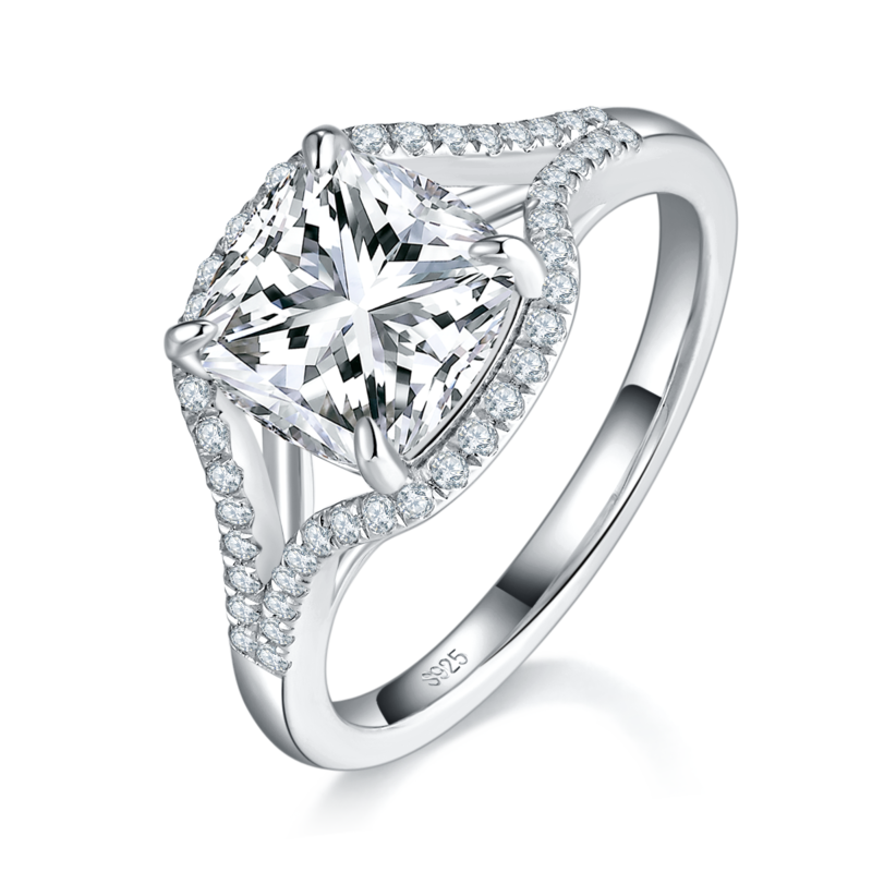 Y臂枕形钻Women's RingS925银镀白金定制选款主石Moissanite2.5ct/副石高碳钻