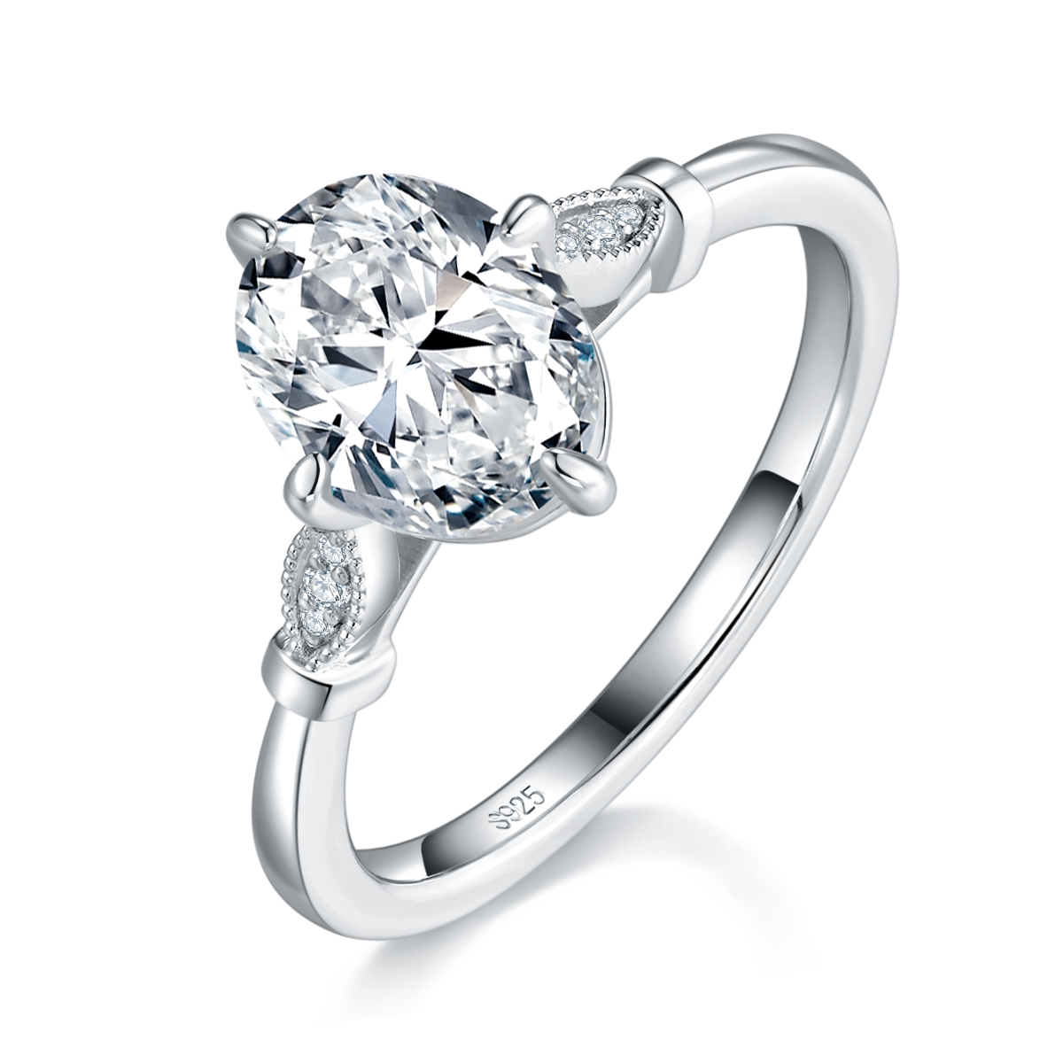 Oval Diamond Women's Ring S925 Silver Plated Platinum Customized Selection Main Stone Moissanite 2.0ct/Side Stone Cubic Zirconia