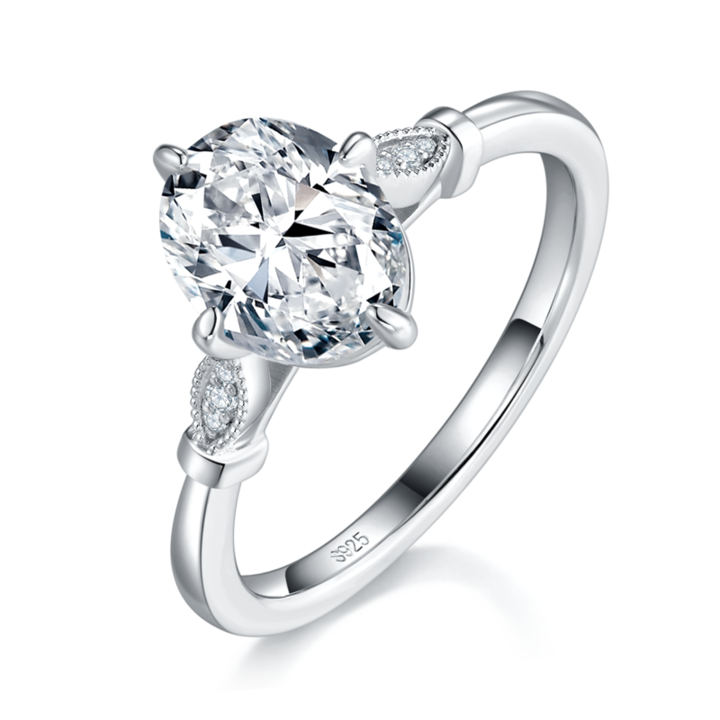 蛋形钻Women's RingS925银镀白金定制选款主石Moissanite2.0ct/副石高碳钻