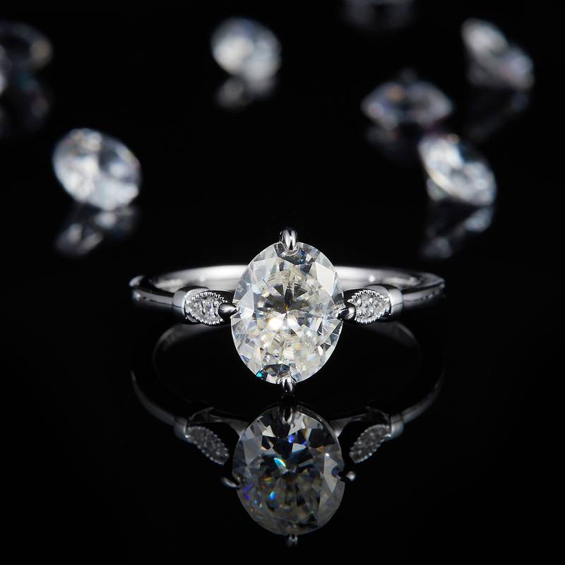 蛋形钻Women's RingS925银镀白金定制选款主石Moissanite2.0ct/副石高碳钻