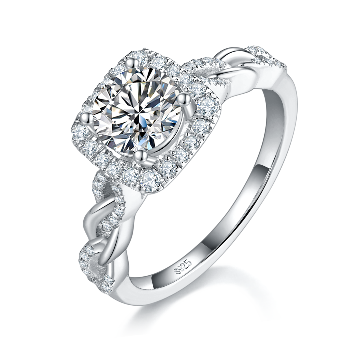 Square Package Round Diamond Women's Ring S925 Silver Plated Platinum Customized Selection Main Stone Moissanite 1.0ct/Side Stone Cubic Zirconia