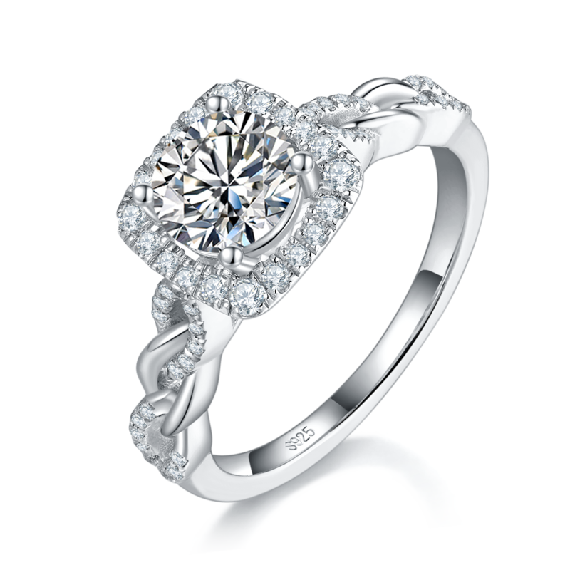 方包圆钻Women's RingS925银镀白金定制选款主石Moissanite1.0ct/副石高碳钻