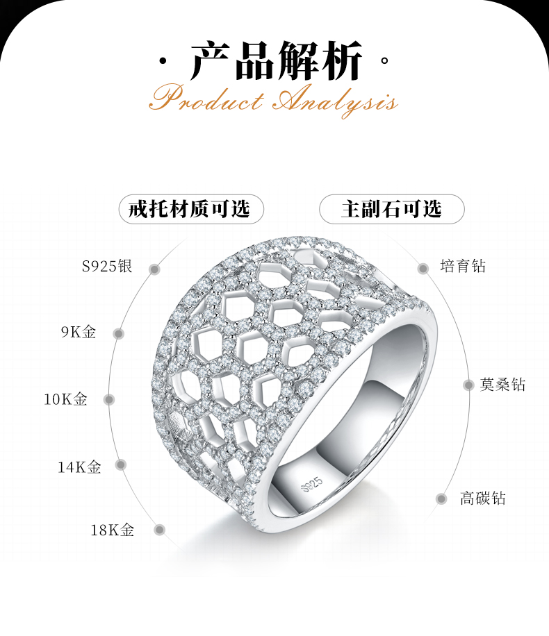 轻奢满钻排戒S925银镀白金女戒定制选款副石莫桑钻0.95ct - 2