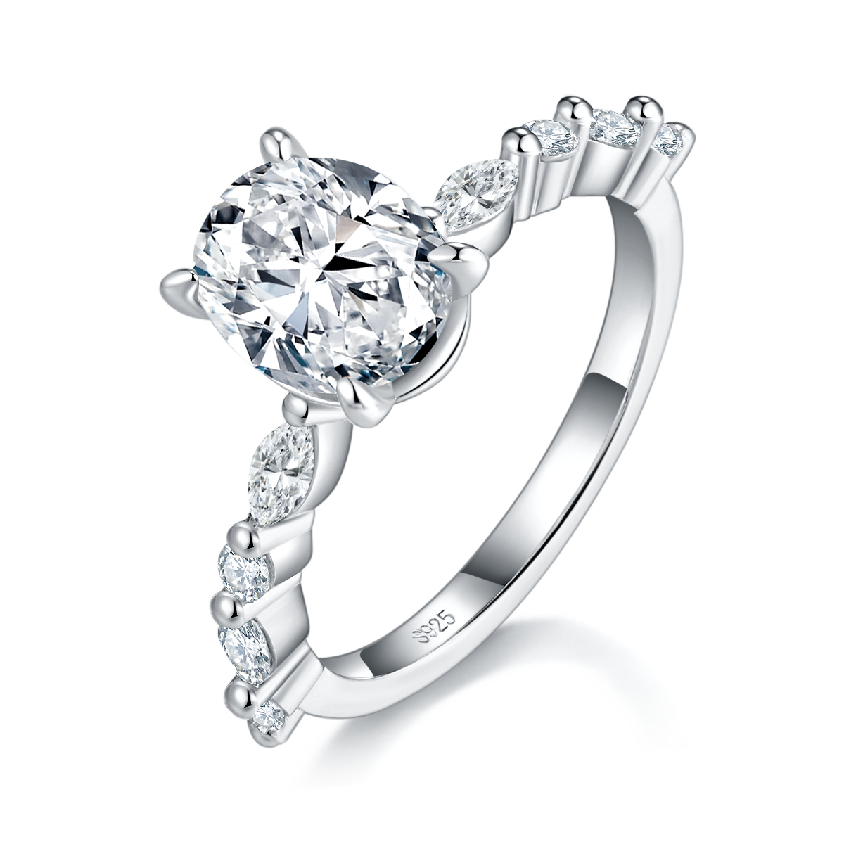 Minimalist Oval Women's Ring S925 Silver Plated Platinum Customized Selection Main Stone Moissanite 2.0ct/Side Stone Cubic Zirconia