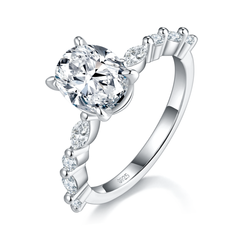 简约蛋形Women's RingS925银镀白金定制选款主石Moissanite2.0ct/副石高碳钻