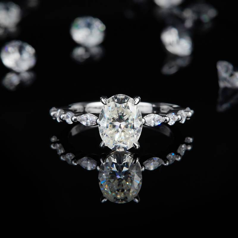简约蛋形Women's RingS925银镀白金定制选款主石Moissanite2.0ct/副石高碳钻