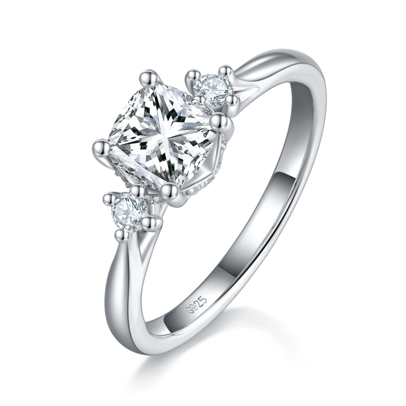 三石款圆钻Women's RingS925银镀白金定制选款主石Moissanite1.0ct/副石高碳钻