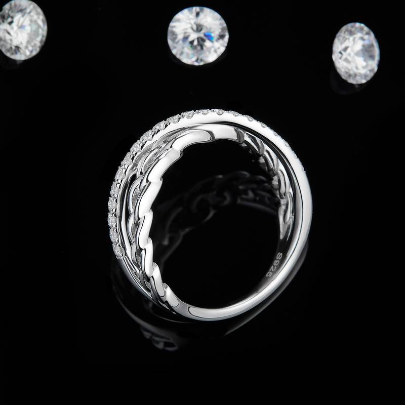 X字形排戒S925银镀白金Women's Ring定制选款副石Moissanite0.32ct