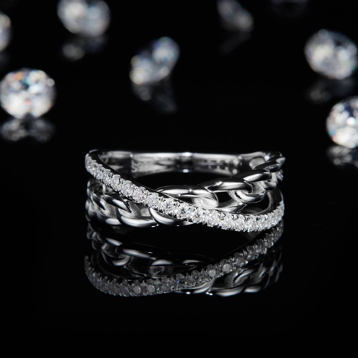 X-shaped S925 silver plated platinum women's ring custom selection Side Stone Moissanite 0.32ct