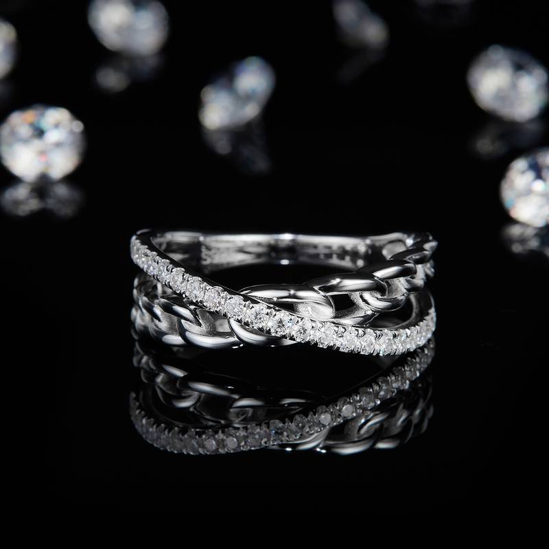 X字形排戒S925银镀白金Women's Ring定制选款副石Moissanite0.32ct