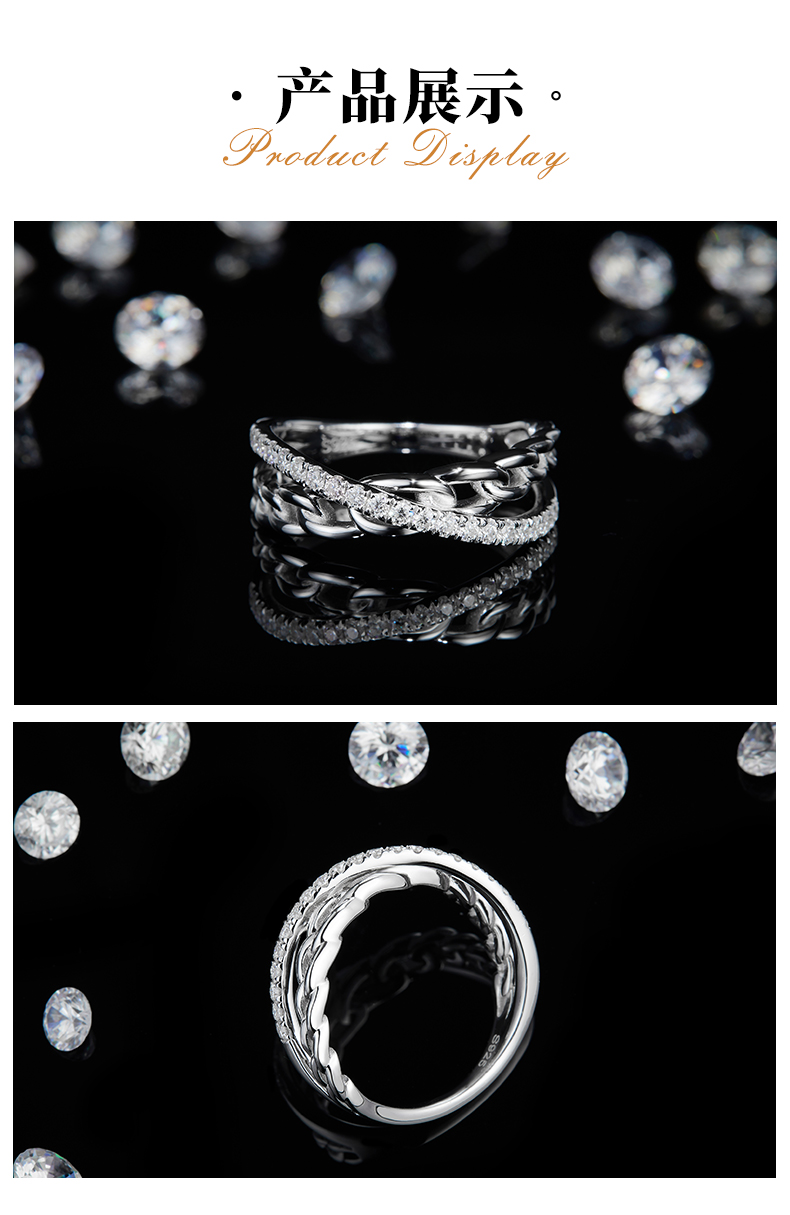 X字形排戒S925银镀白金女戒定制选款副石莫桑钻0.32ct - 3