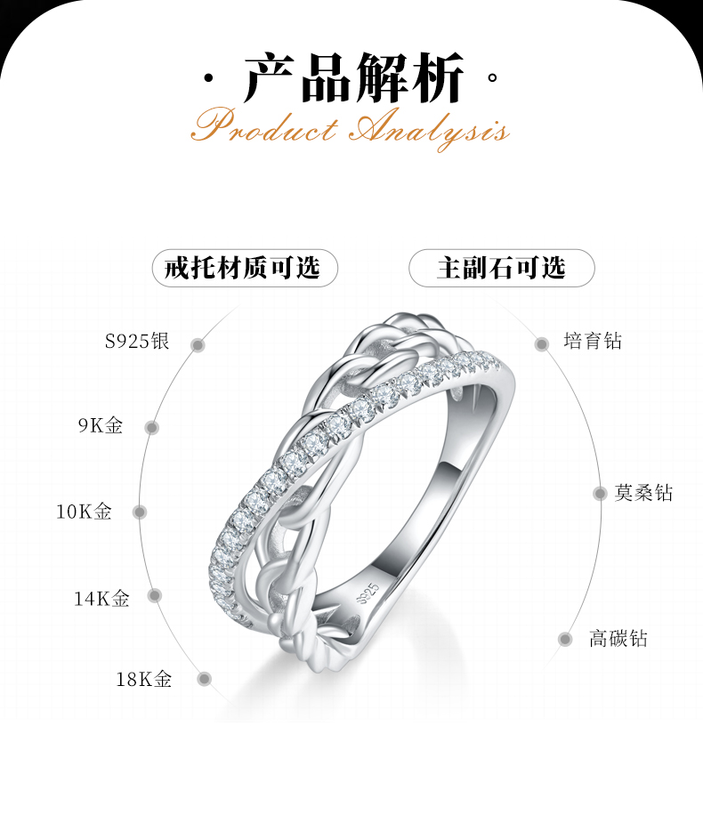 X字形排戒S925银镀白金女戒定制选款副石莫桑钻0.32ct - 2