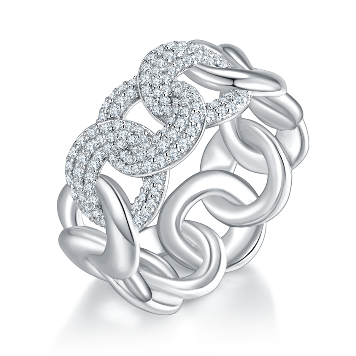 环环相扣半圈碎钻排戒S925银镀白金定制选款副石莫桑钻0.65ct
