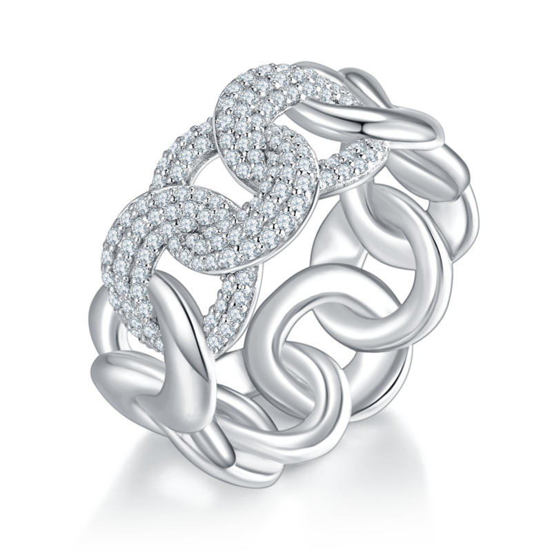 环环相扣半圈碎钻排戒S925银镀白金定制选款副石莫桑钻0.65ct