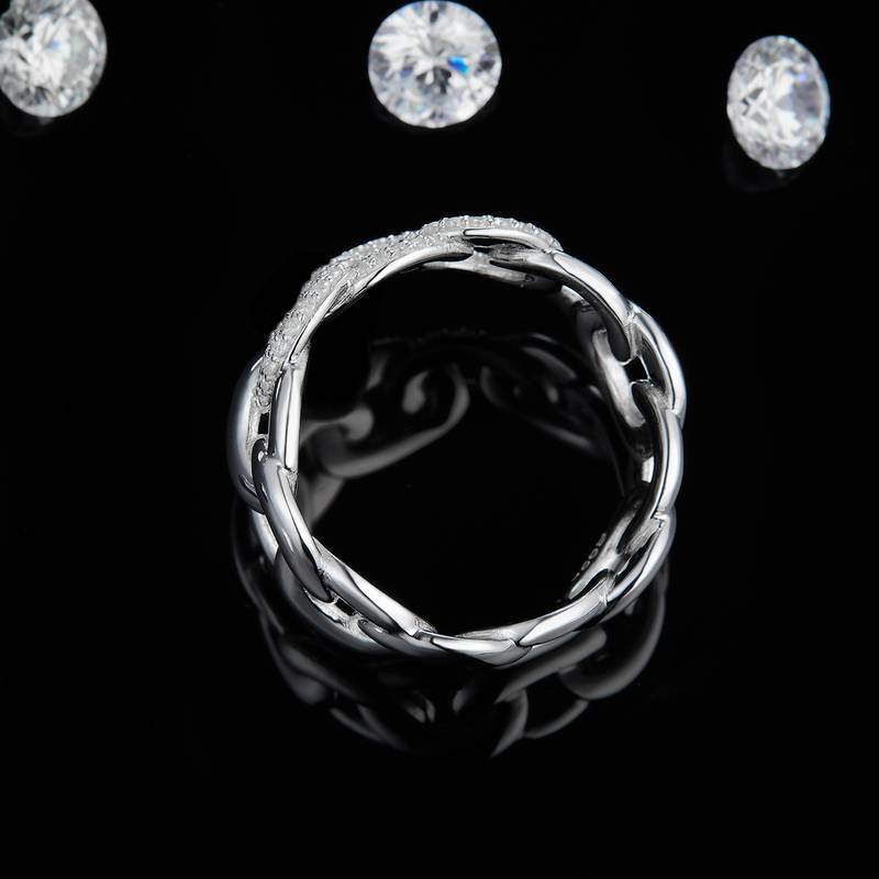 环环相扣半圈碎钻排戒S925银镀白金定制选款副石莫桑钻0.65ct