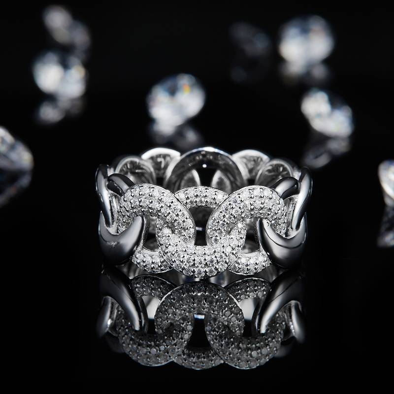 环环相扣半圈碎钻排戒S925银镀白金定制选款副石莫桑钻0.65ct
