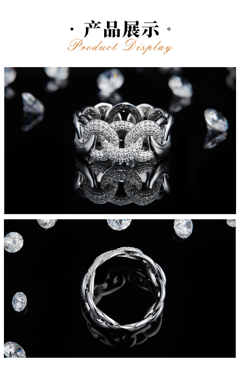 环环相扣半圈碎钻排戒S925银镀白金定制选款副石莫桑钻0.65ct - 3