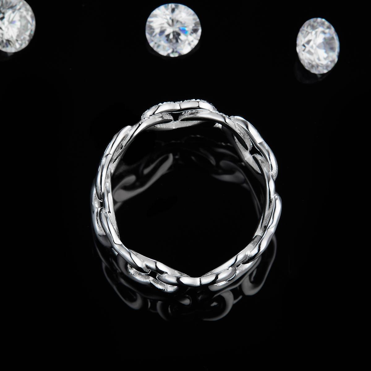 环环相扣排戒S925银镀白金女戒定制选款副石莫桑钻0.336ct