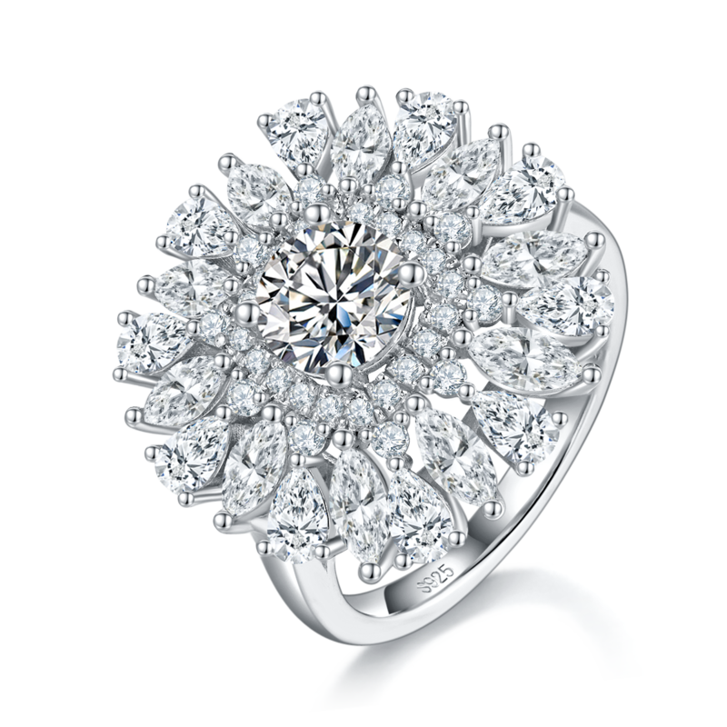 豪华款梨形小钻微镶圆钻Women's RingS925银镀白金定制选款主石Moissanite1.0ct/副石高碳钻