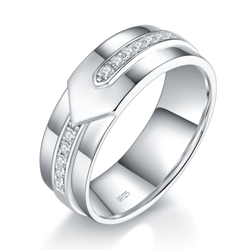 简约风男款S925银镀白金Men's Ring定制选款副石Moissanite0.18ct