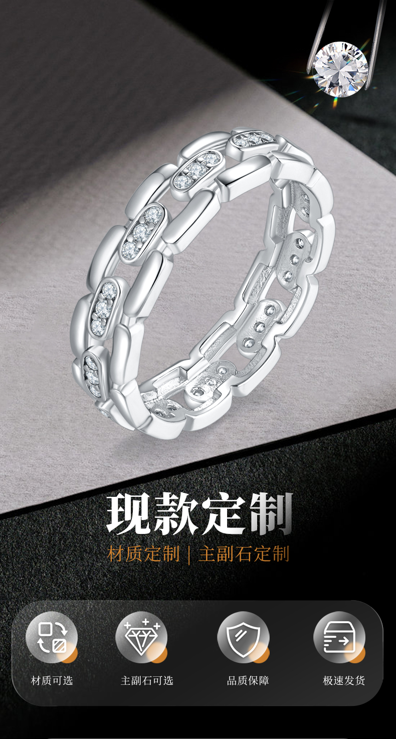 简约风排戒男戒S925银镀白金定制选款副石莫桑钻0.36ct - 1